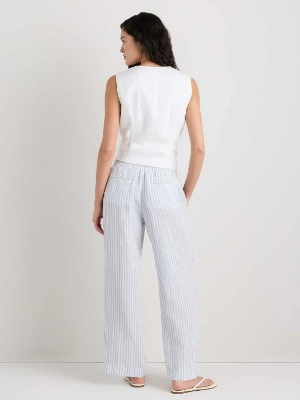 Quince 100% Linen Wide Leg Pants Sky Blue Mariner Stripe Size Large